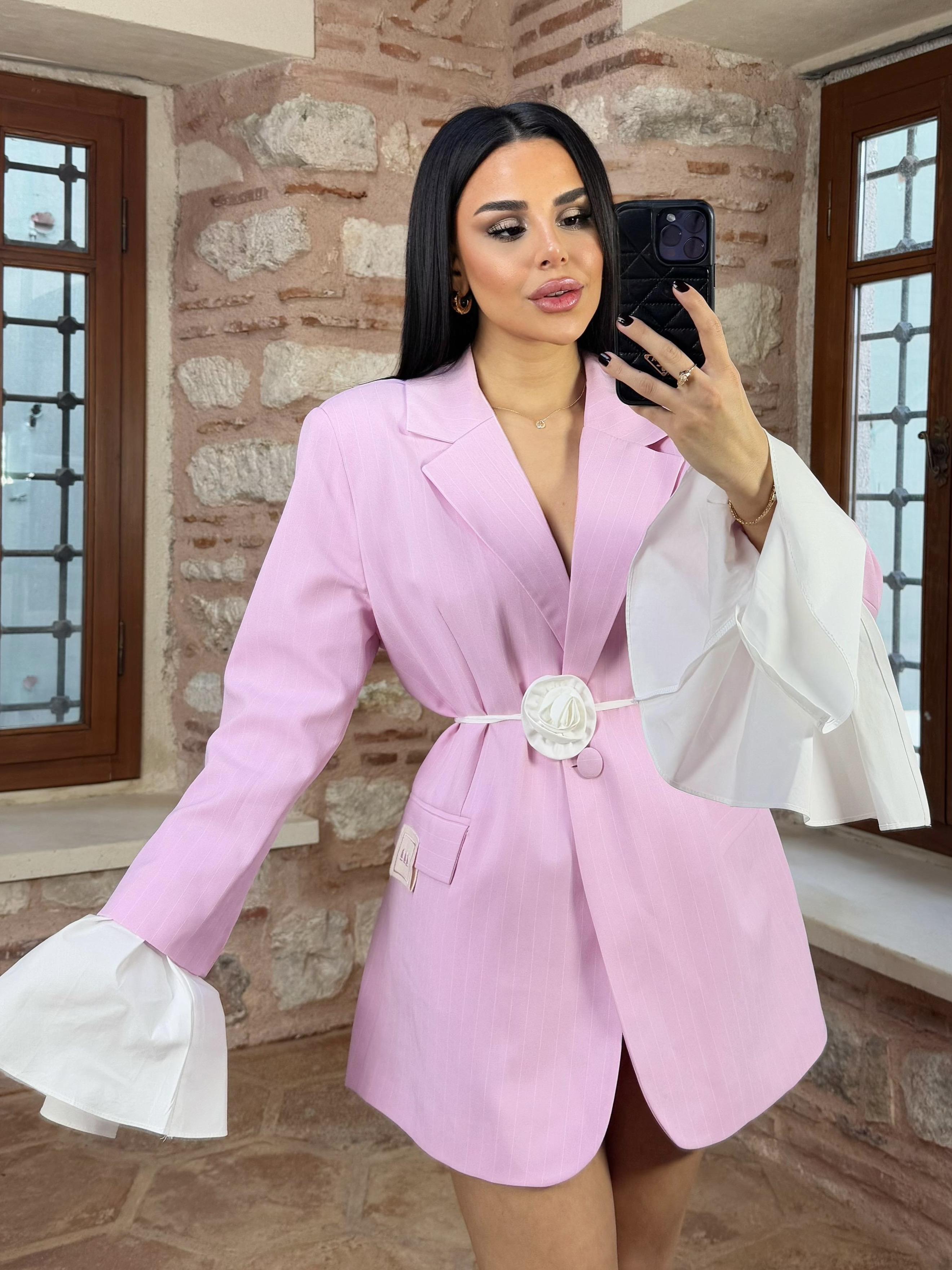 Poly Gül Kemer Detaylı Çizgili Blazer Ceket Şeker Pembe