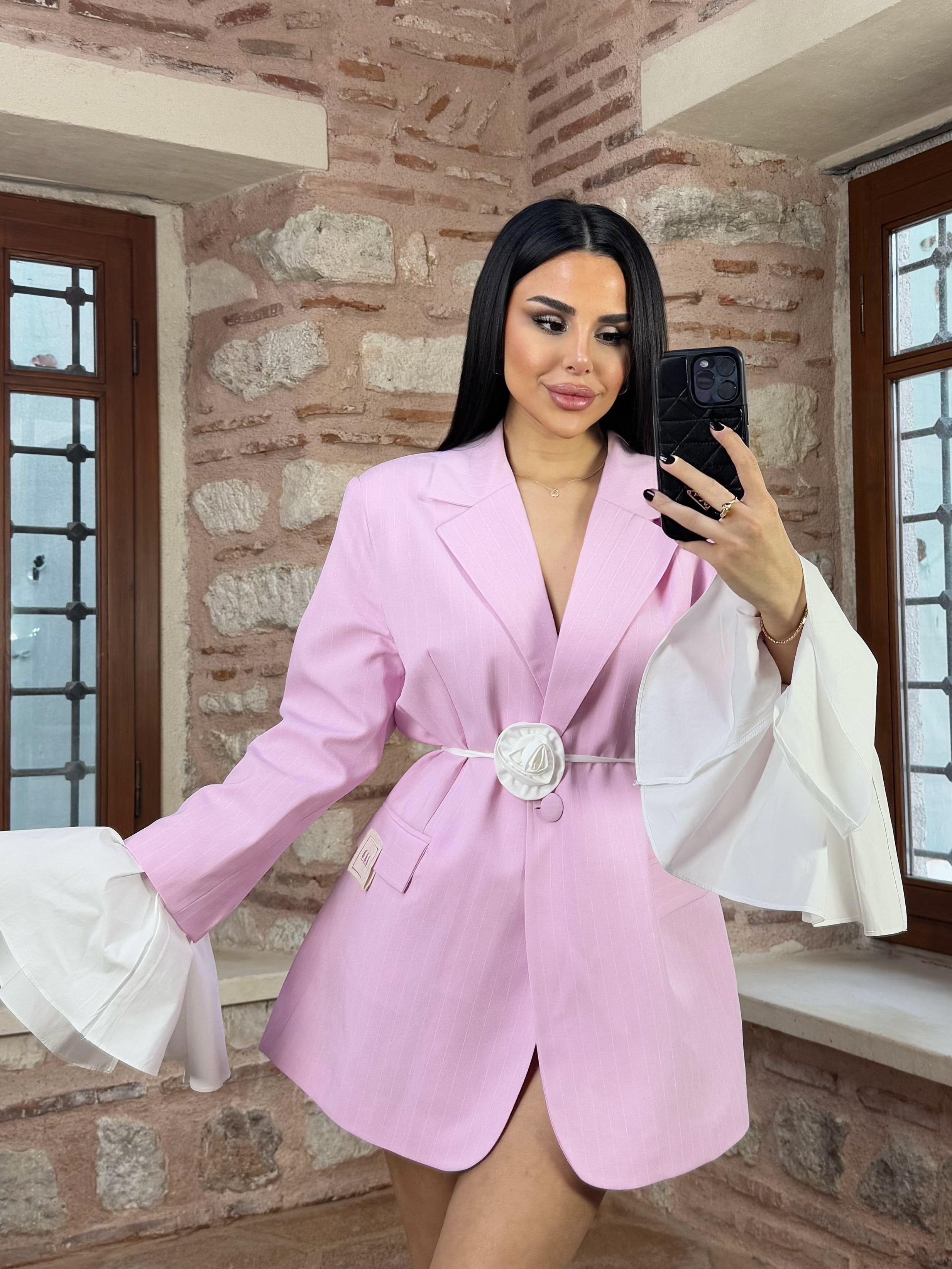 Poly Gül Kemer Detaylı Çizgili Blazer Ceket Şeker Pembe
