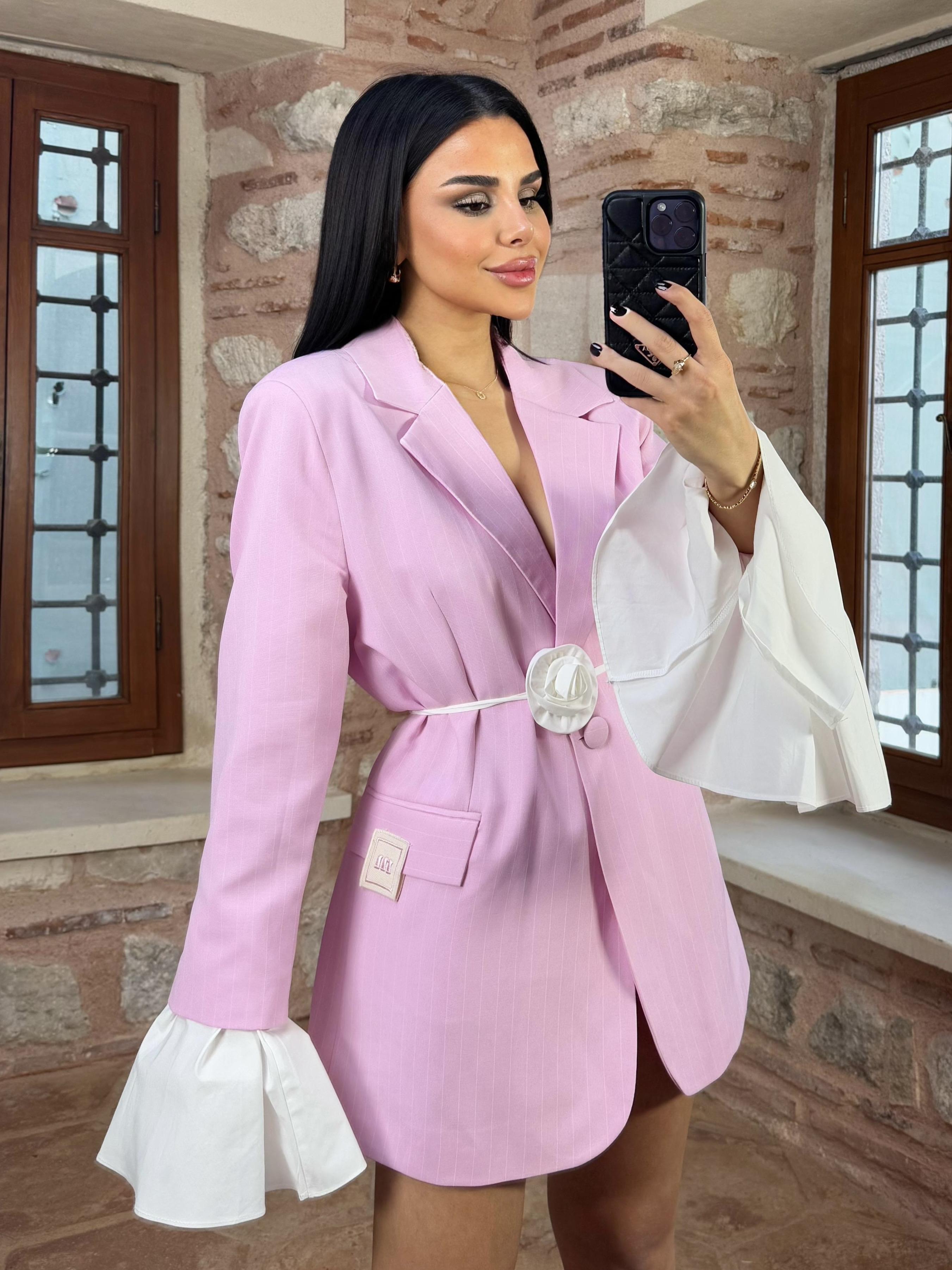 Poly Gül Kemer Detaylı Çizgili Blazer Ceket Şeker Pembe