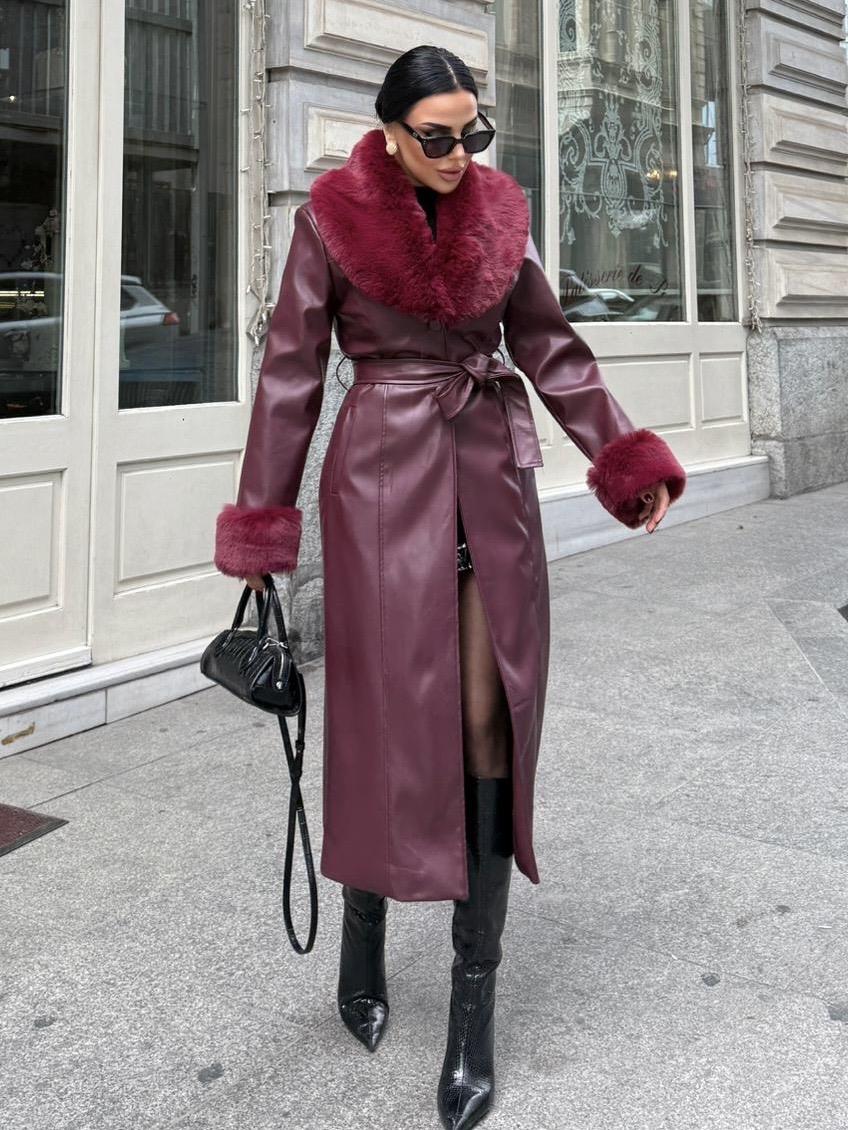 Rachel Kürk Detaylı Deri Kaban Bordo