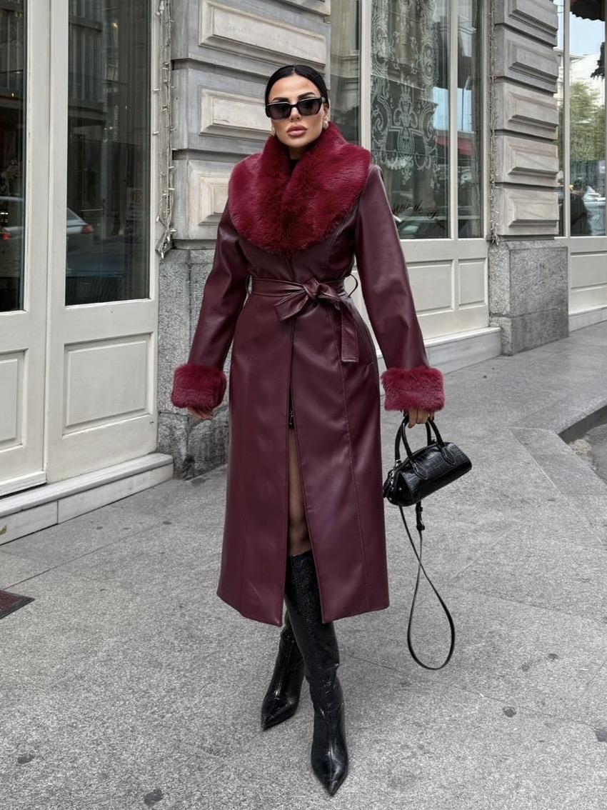 Rachel Kürk Detaylı Deri Kaban Bordo