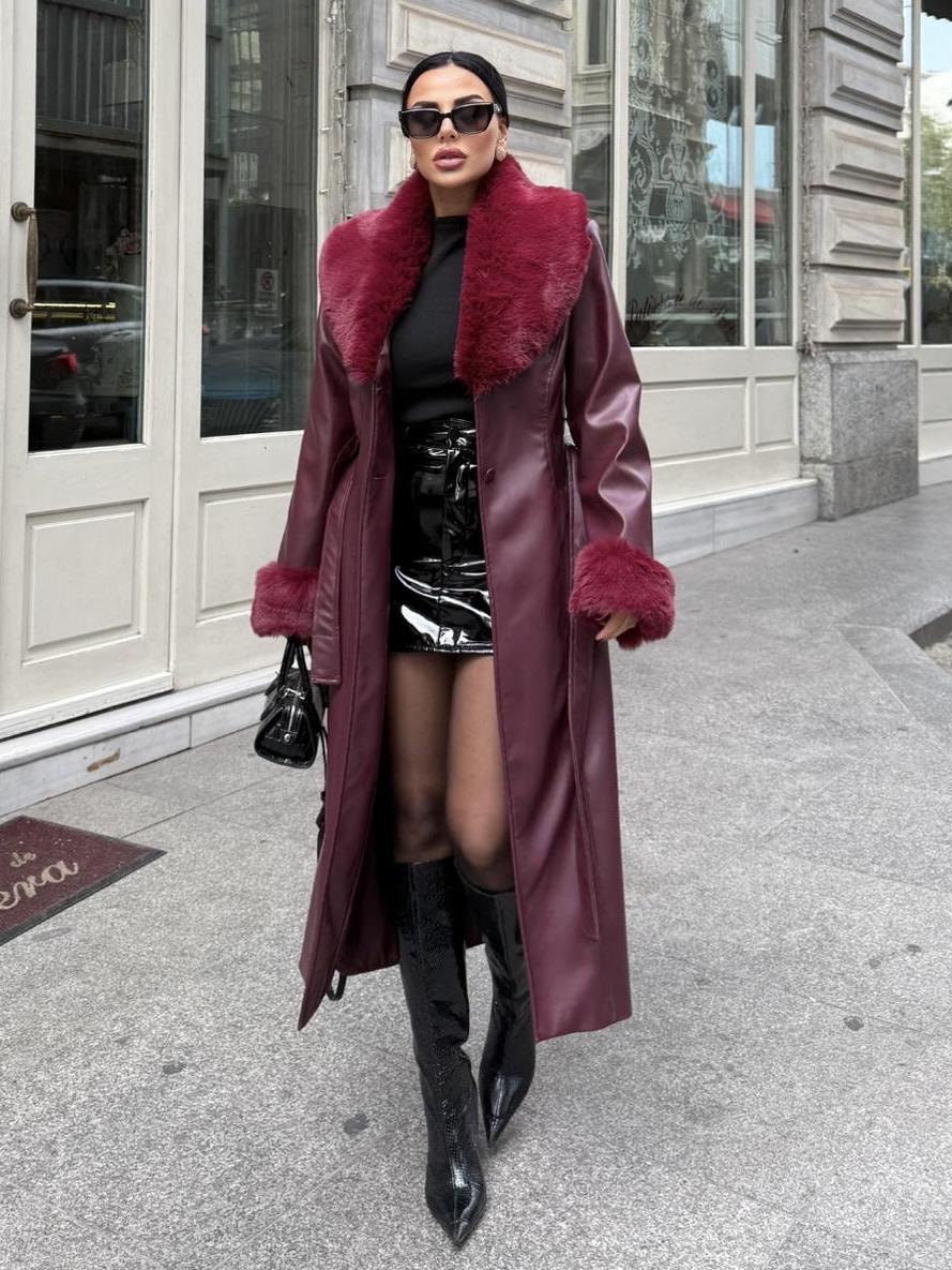 Rachel Kürk Detaylı Deri Kaban Bordo