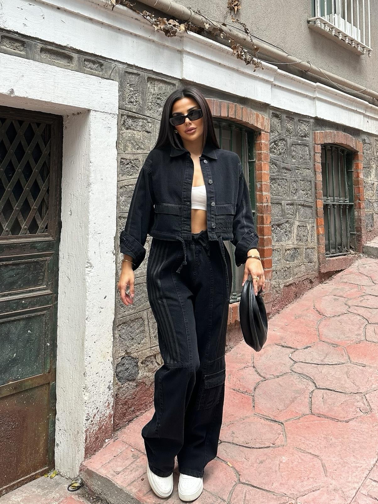 Rosmeri Tasarım Şeritli Denim Takım Siyah