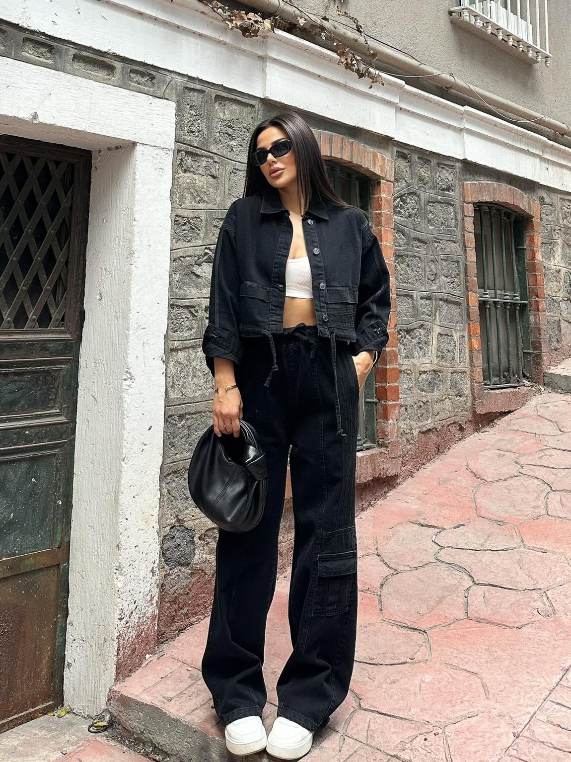 Rosmeri Tasarım Şeritli Denim Takım Siyah