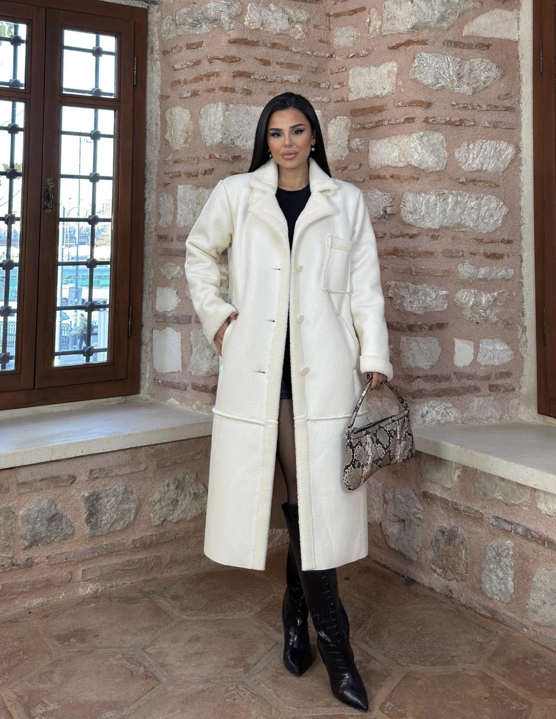 Rufina İçi Kürklü Deri Kaban-Beyaz