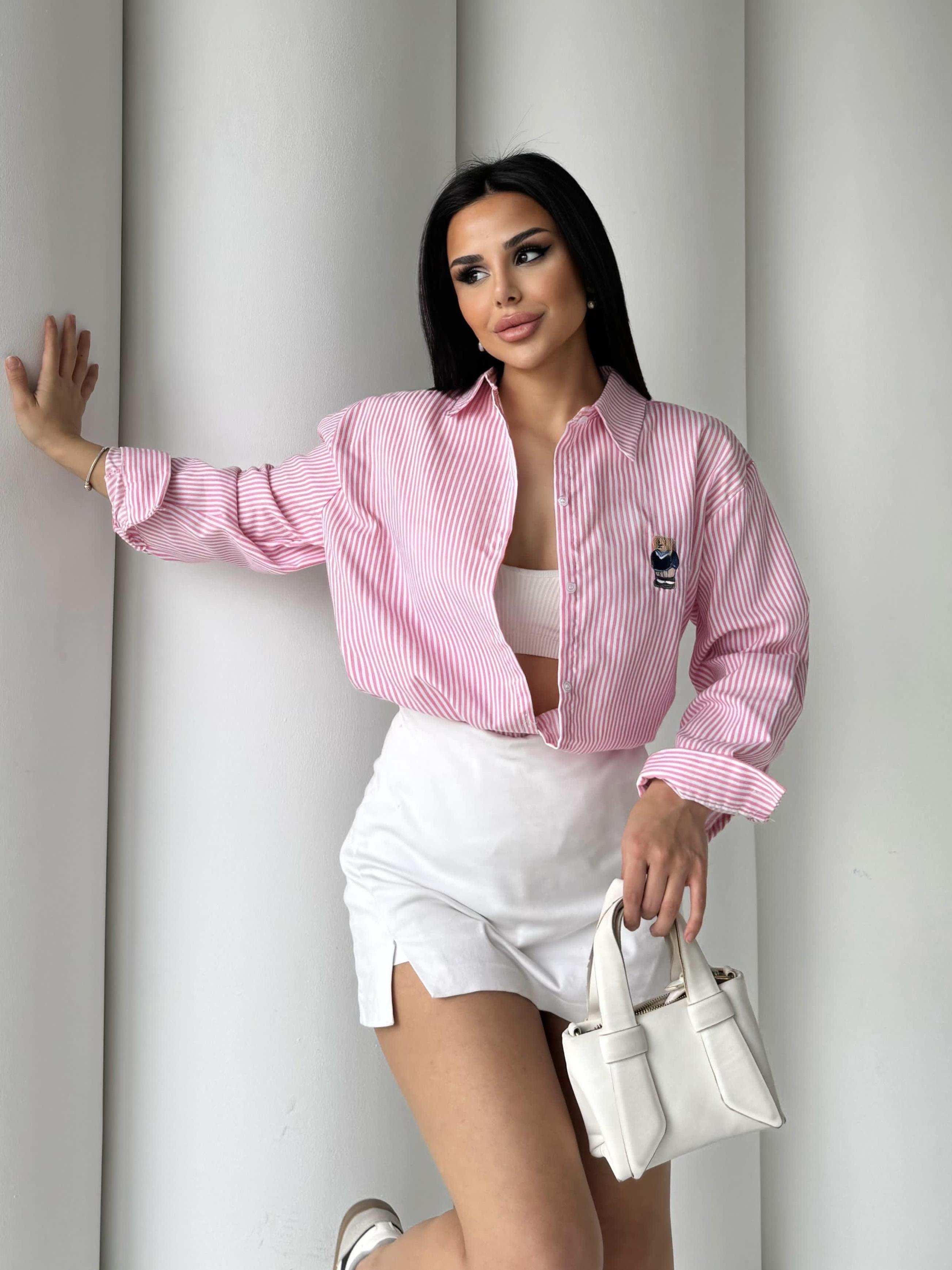 Rulp Çizgili Ayıcık Desenli Gömlek Pembe