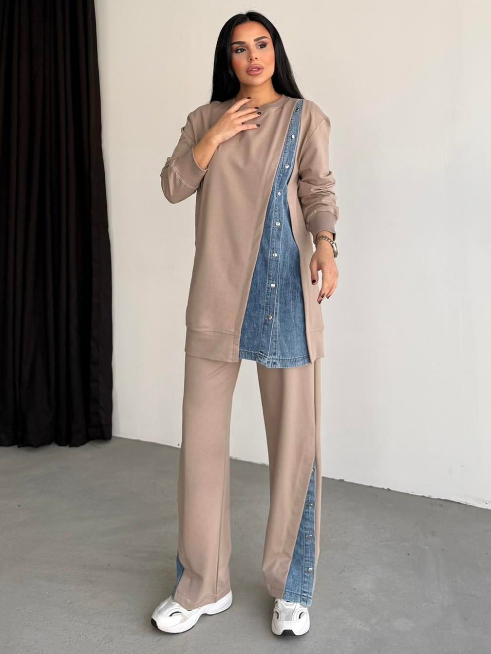 Safiras Denim Detaylı Tasarım Takım Bej