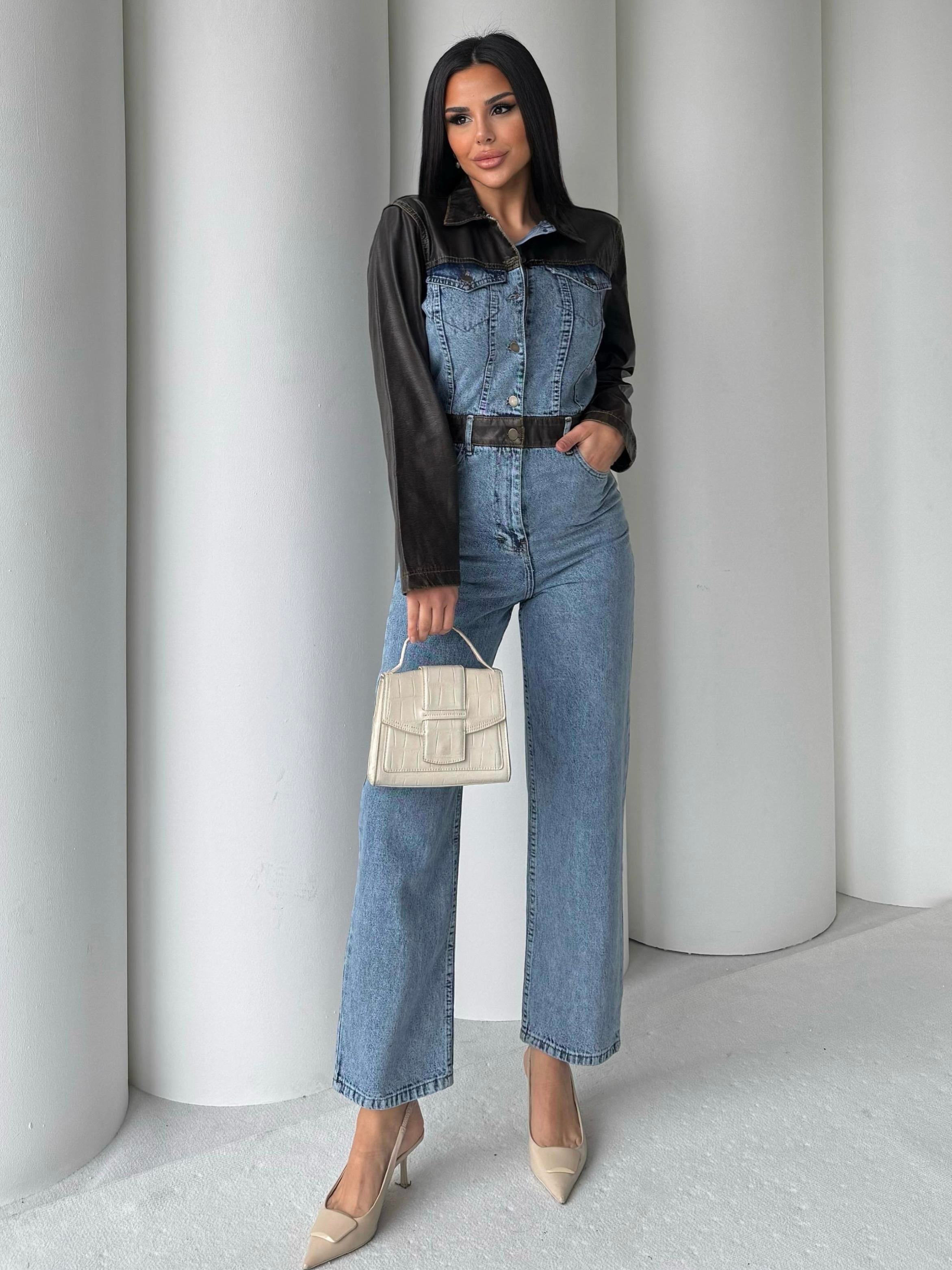 Sarte Deri Detaylı Denim Tulum Mavi