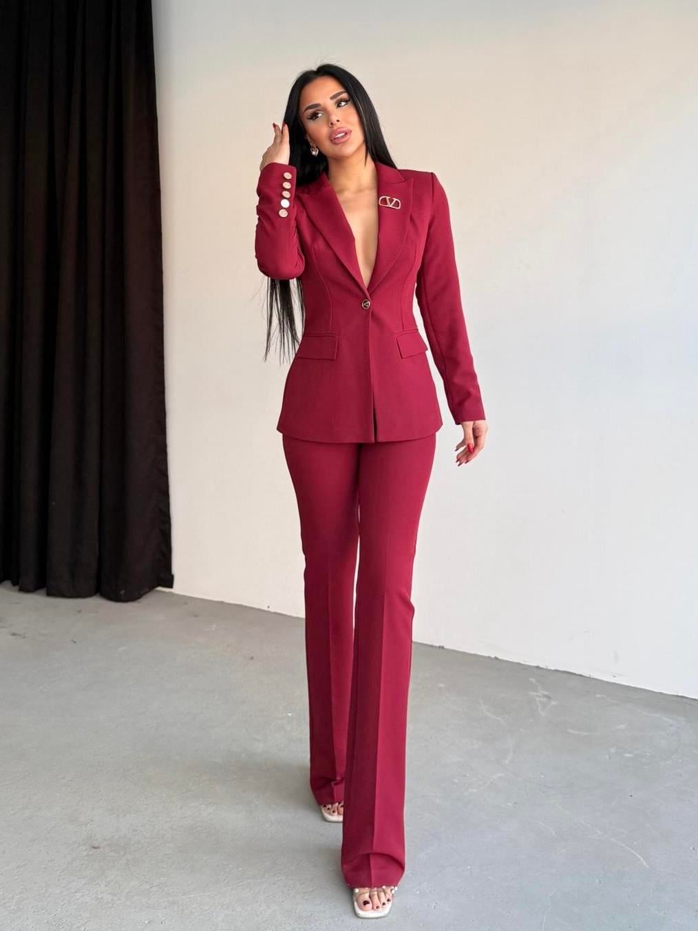 Siolet Broş Detaylı Takım Bordo