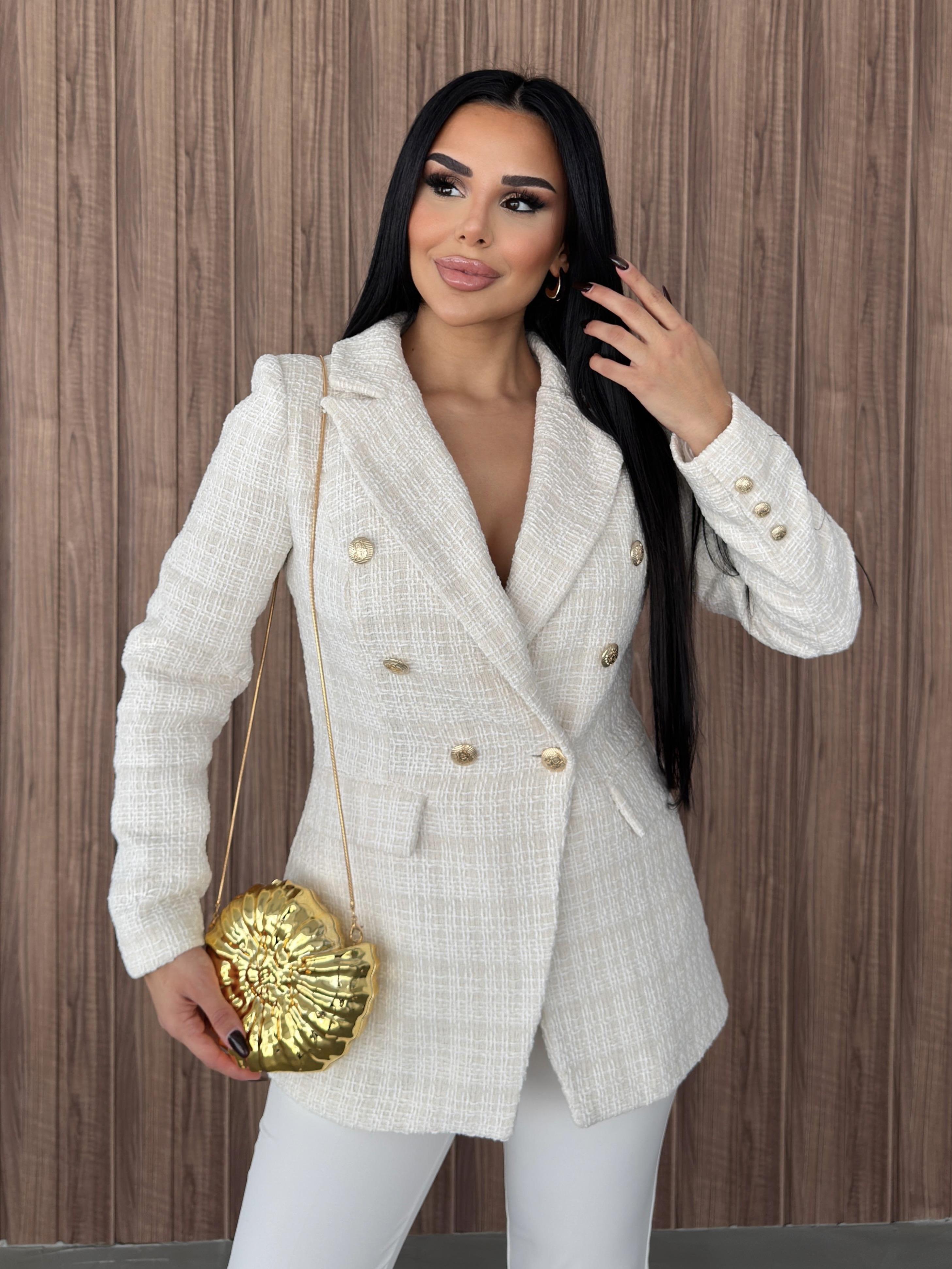 Sofira Gold Düğme Detaylı Blazer Ceket Beyaz