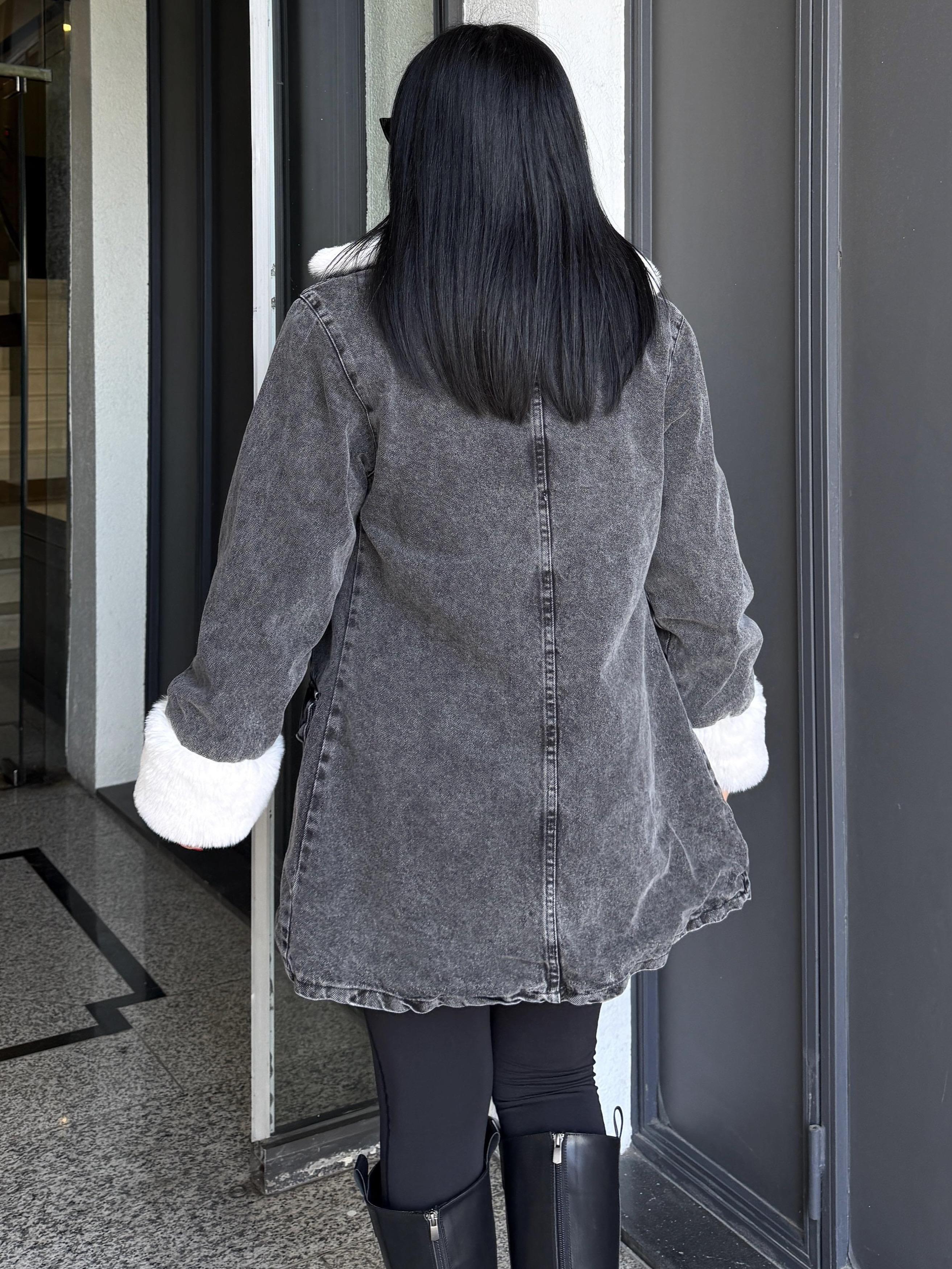Solinda Kürk Detaylı Denim Ceket Gri-Beyaz