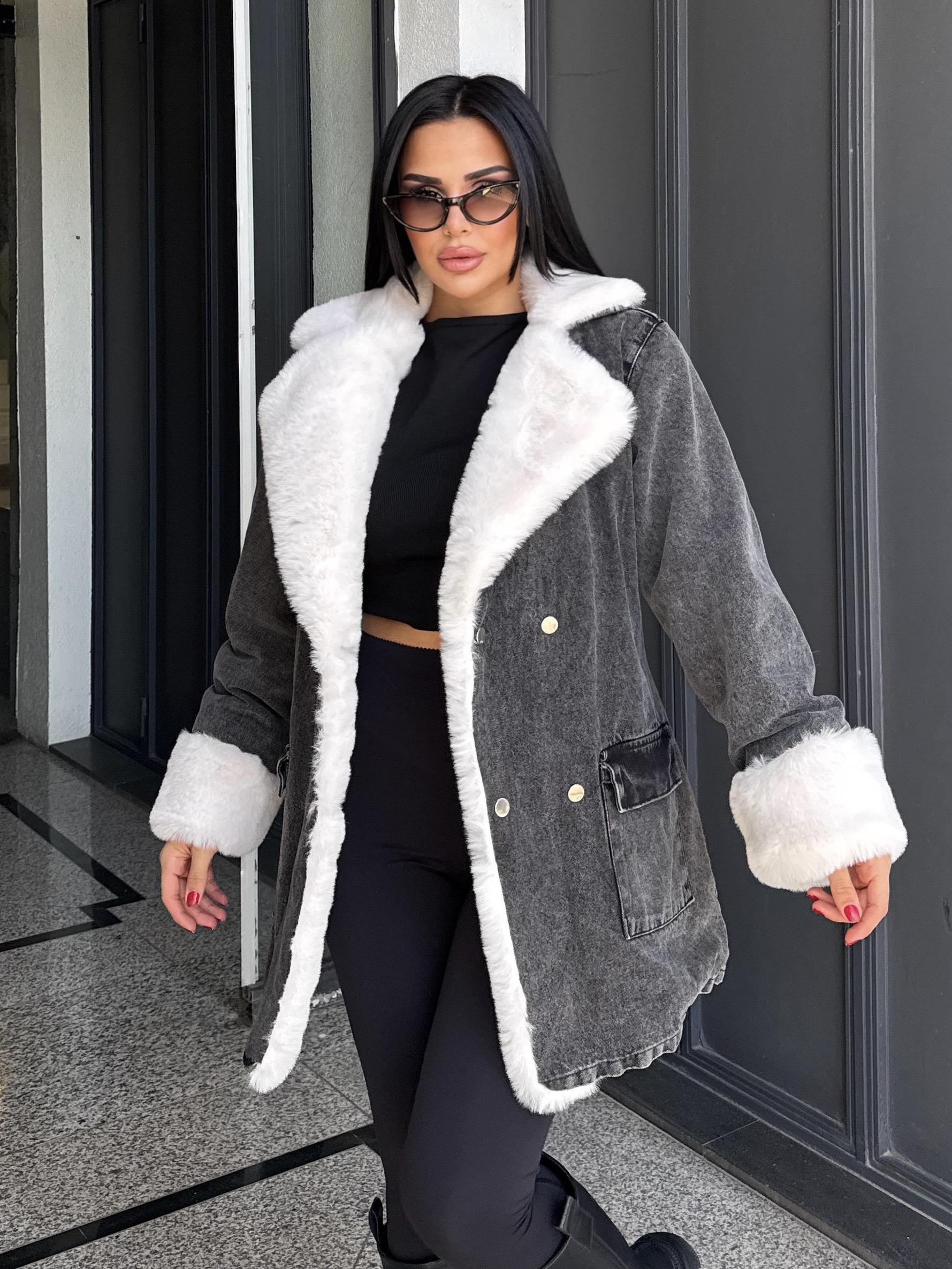 Solinda Kürk Detaylı Denim Ceket Gri-Beyaz