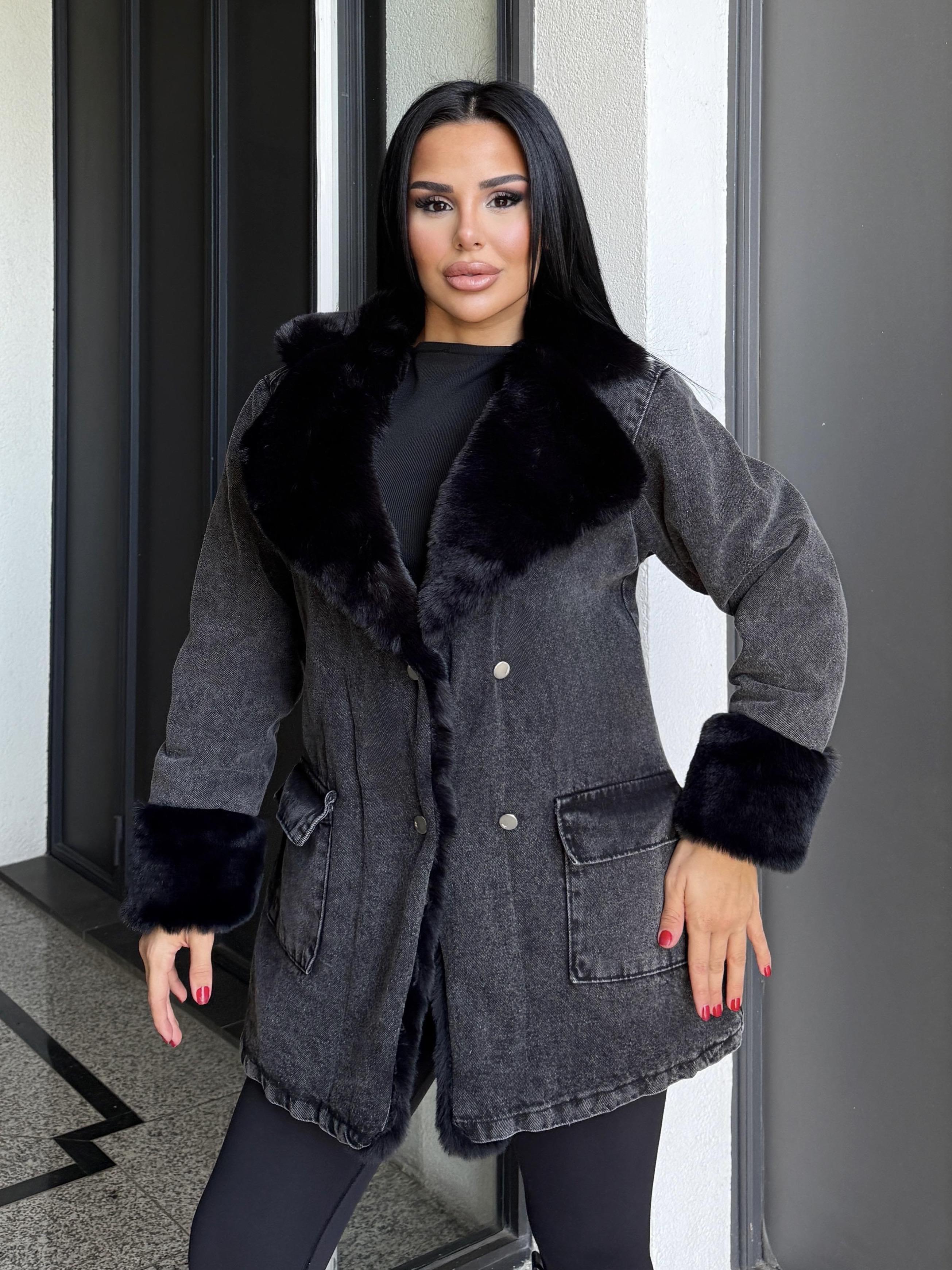 Solinda Kürk Detaylı Denim Ceket Gri-Siyah