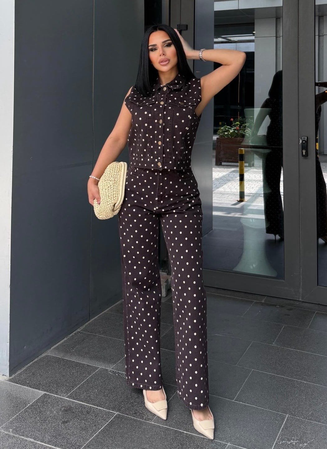 Stores Puantiye Detaylı Denim Takım Kahve