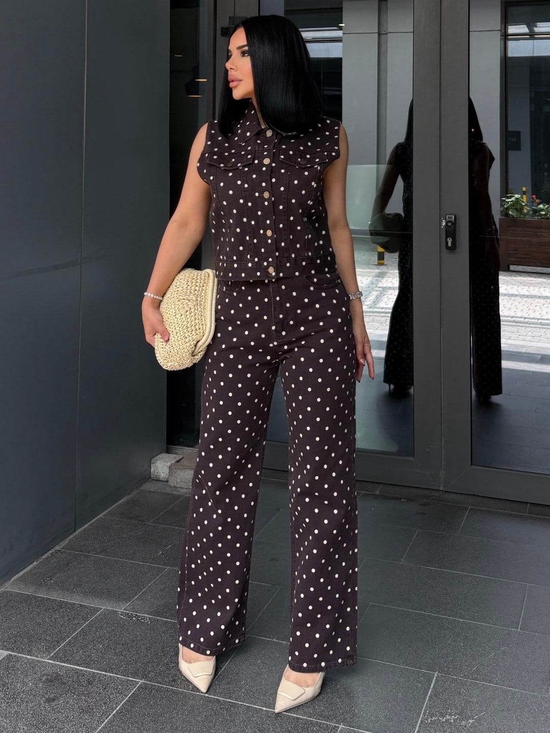 Stores Puantiye Detaylı Denim Takım Kahve