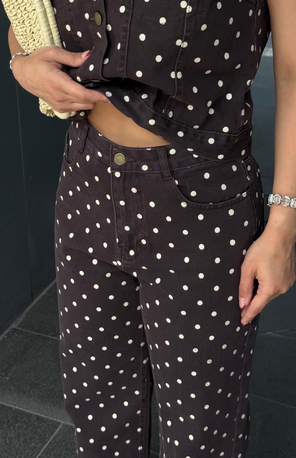 Stores Puantiye Detaylı Denim Takım Kahve