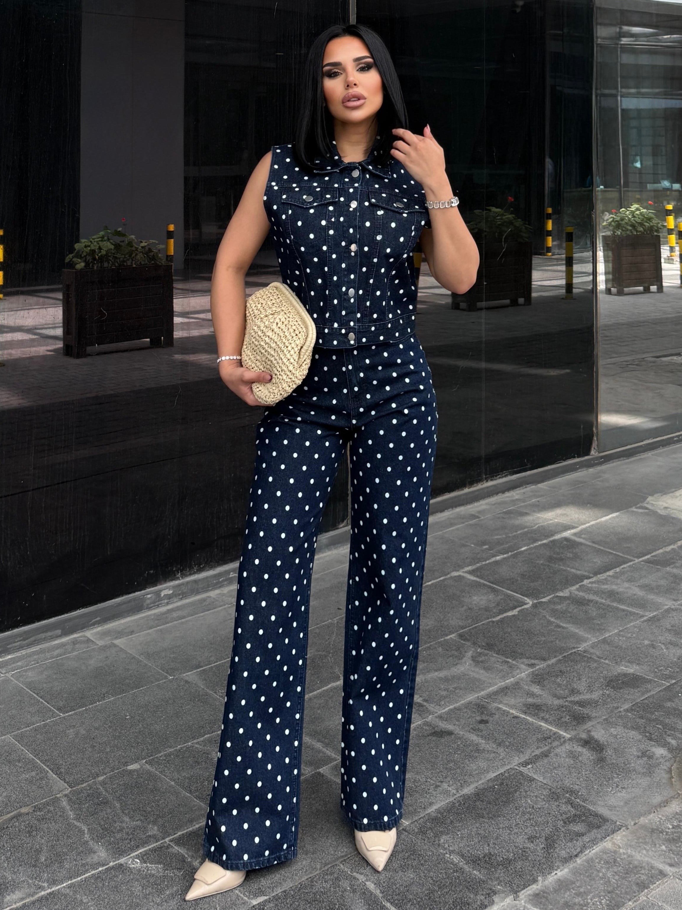 Stores Puantiye Detaylı Denim Takım Lacivert