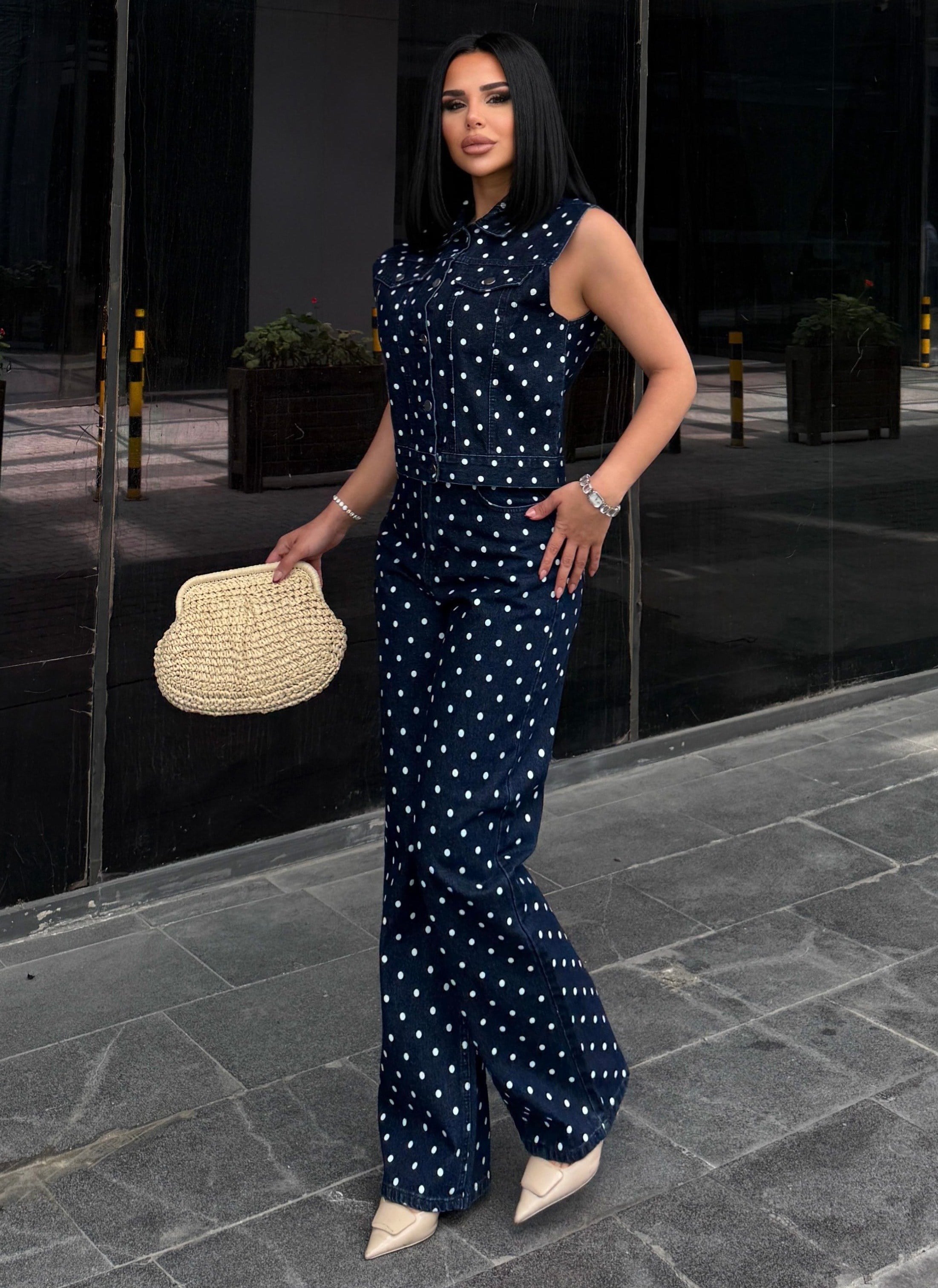 Stores Puantiye Detaylı Denim Takım Lacivert