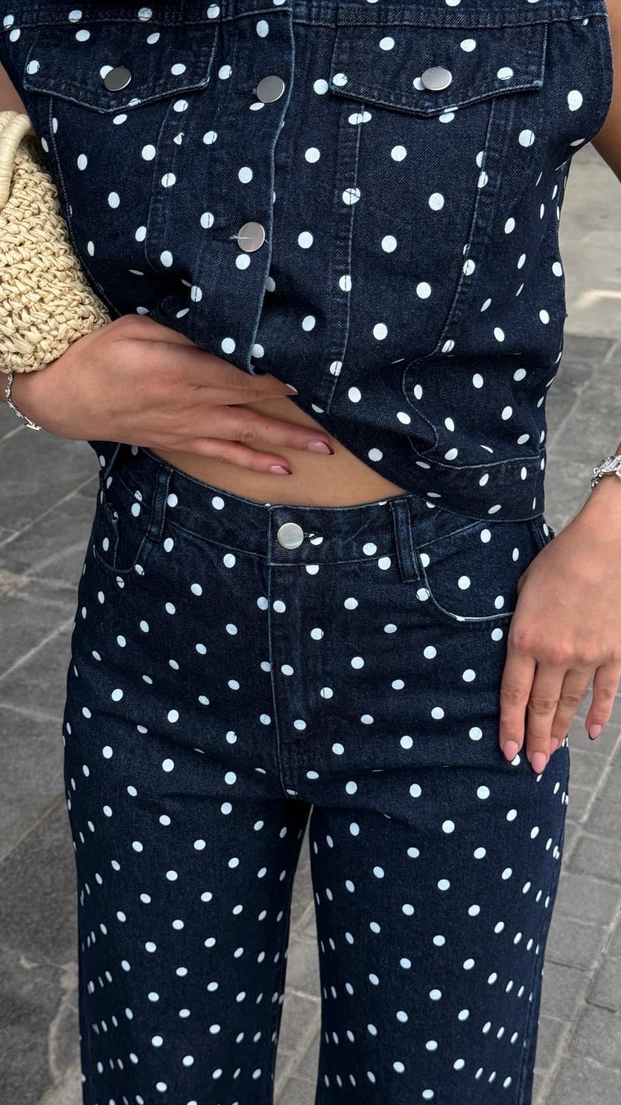 Stores Puantiye Detaylı Denim Takım Lacivert