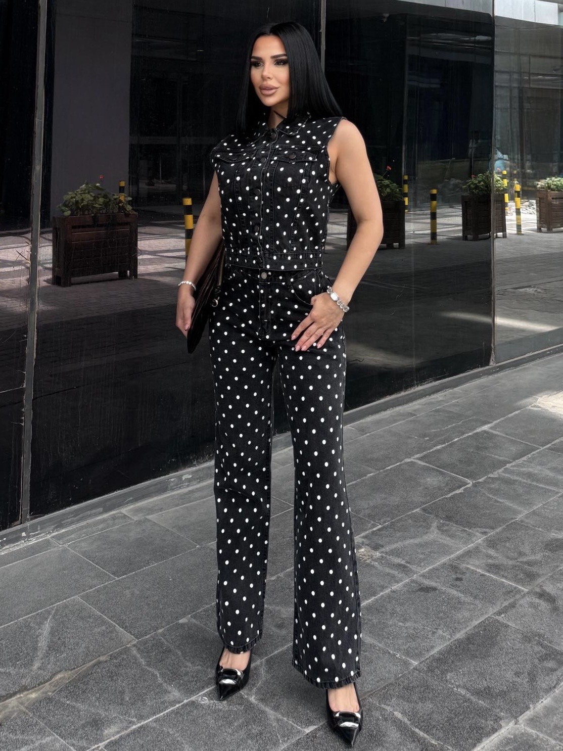 Stores Puantiye Detaylı Denim Takım Siyah