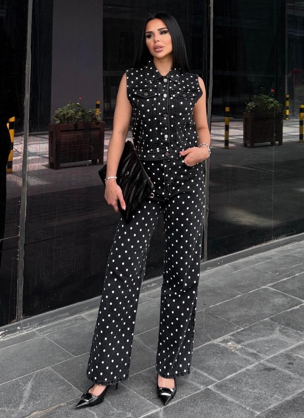 Stores Puantiye Detaylı Denim Takım Siyah