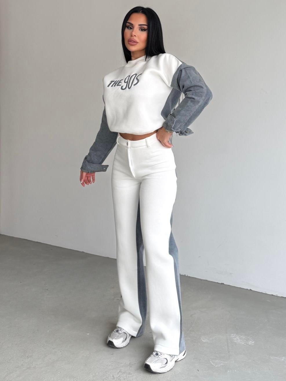 Thesa Denim Detaylı Spor Takım Beyaz