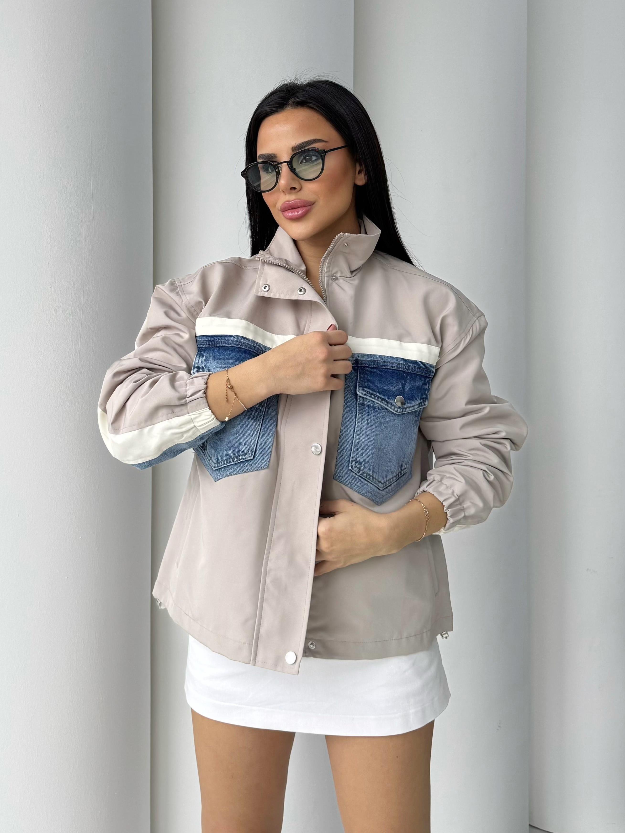Vintage Denim Detaylı Paraşüt Ceket Bej