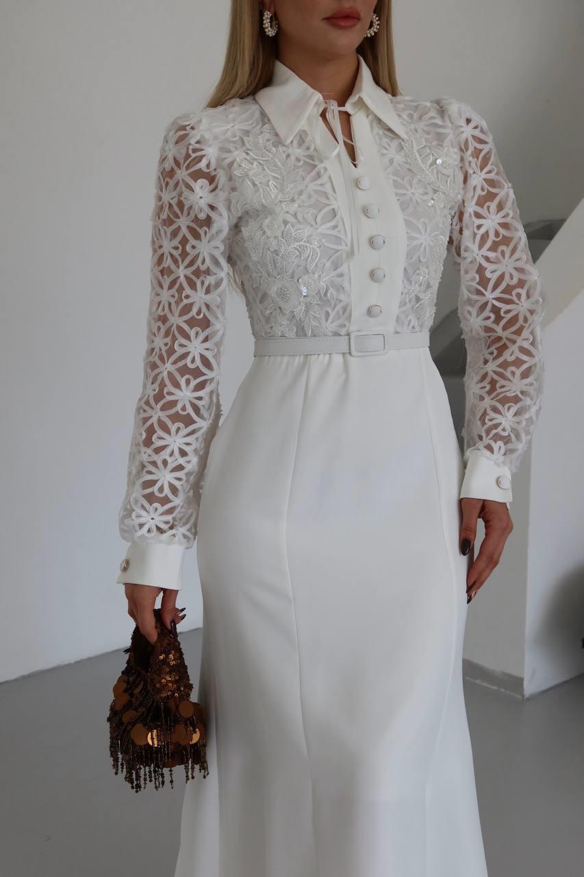 Weding Düğme Detaylı Elbise Beyaz