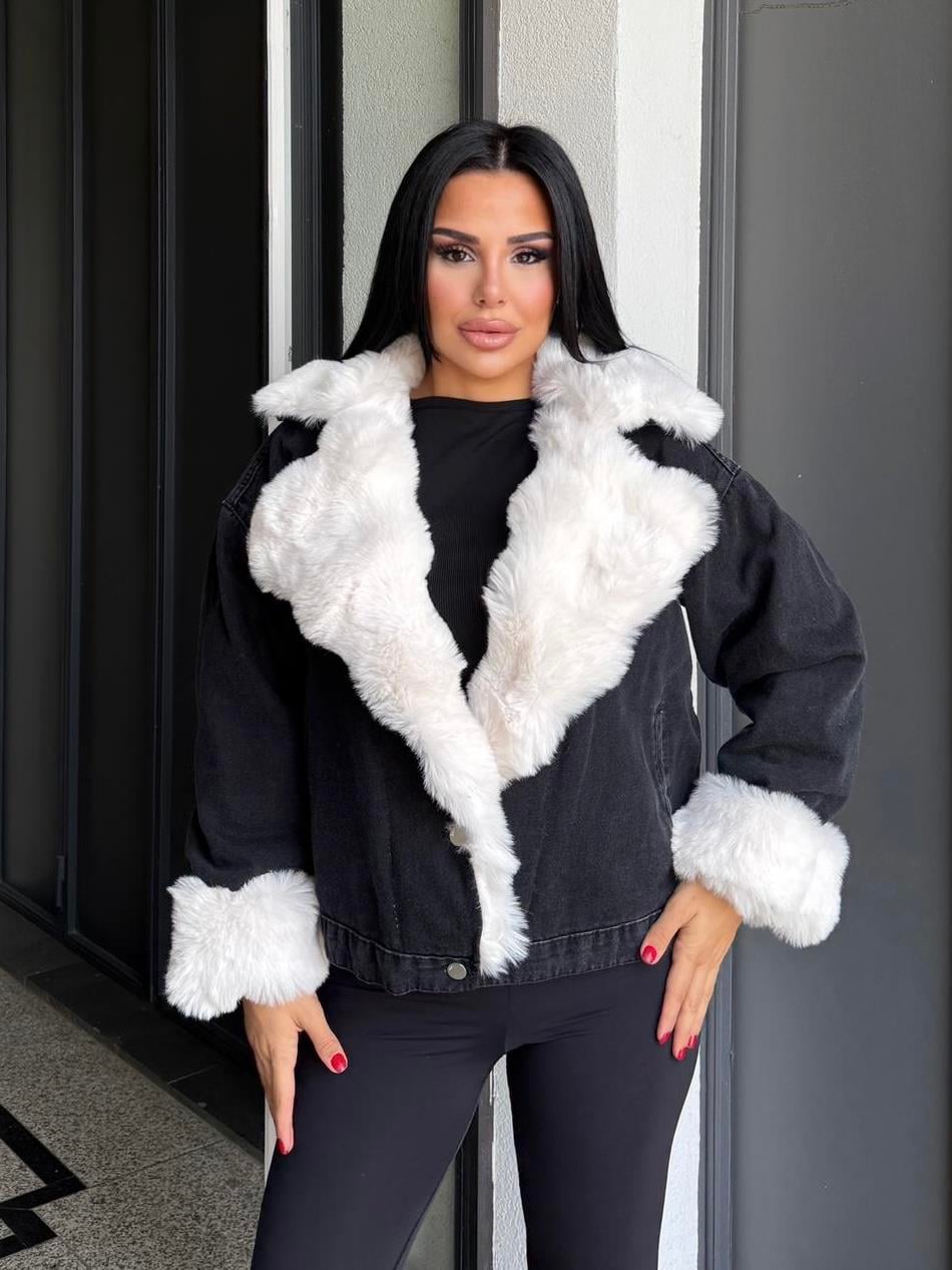 Yonie Kürk Detaylı Denim Ceket Siyah-Beyaz