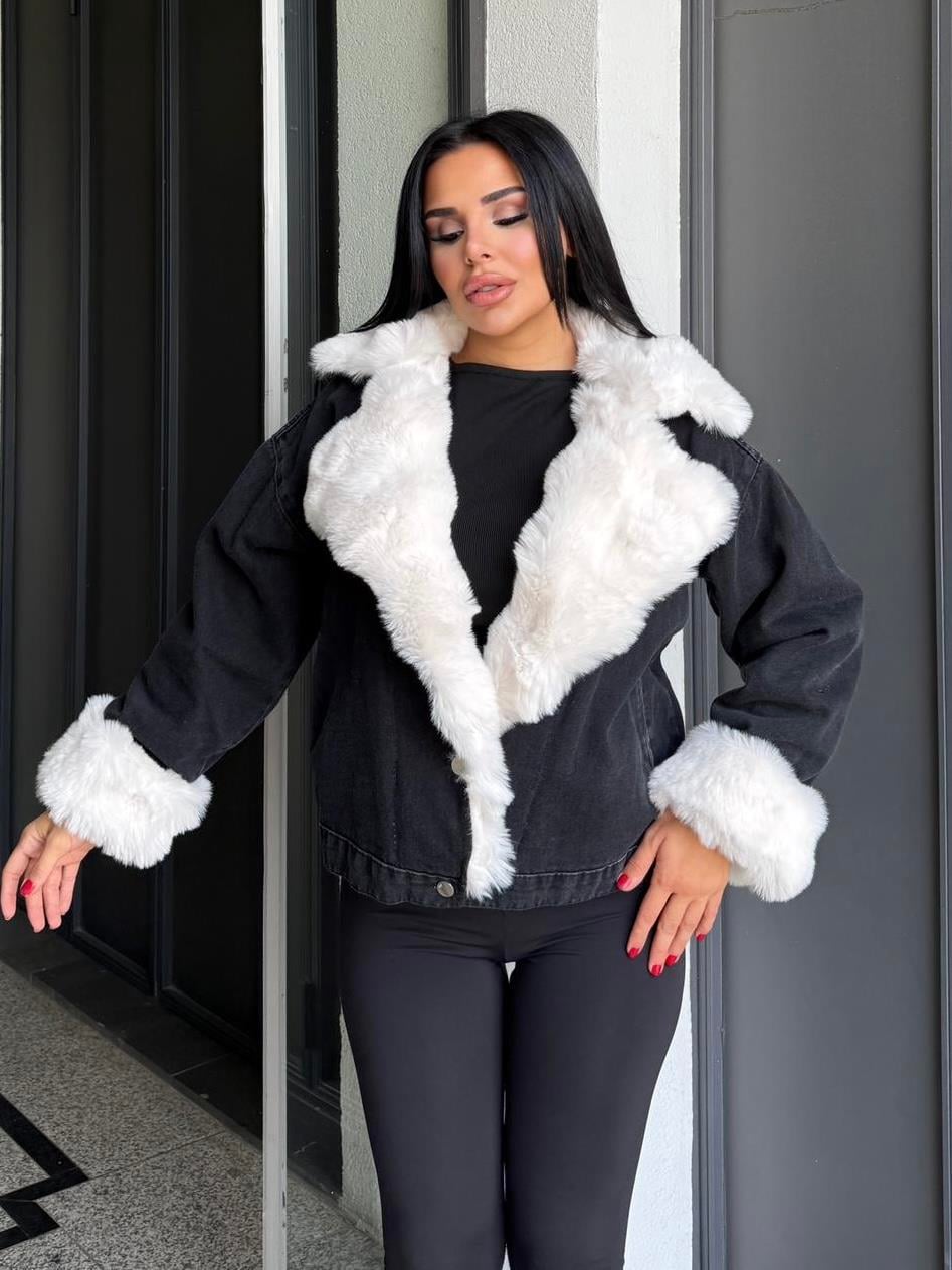 Yonie Kürk Detaylı Denim Ceket Siyah-Beyaz