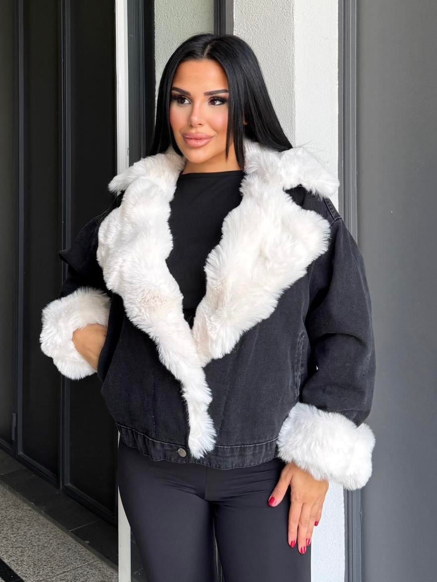 Yonie Kürk Detaylı Denim Ceket Siyah-Beyaz