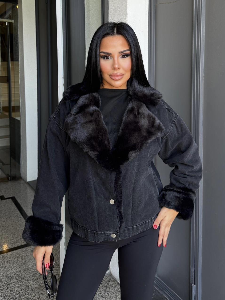 Yonie Kürk Detaylı Denim Ceket Siyah-Siyah