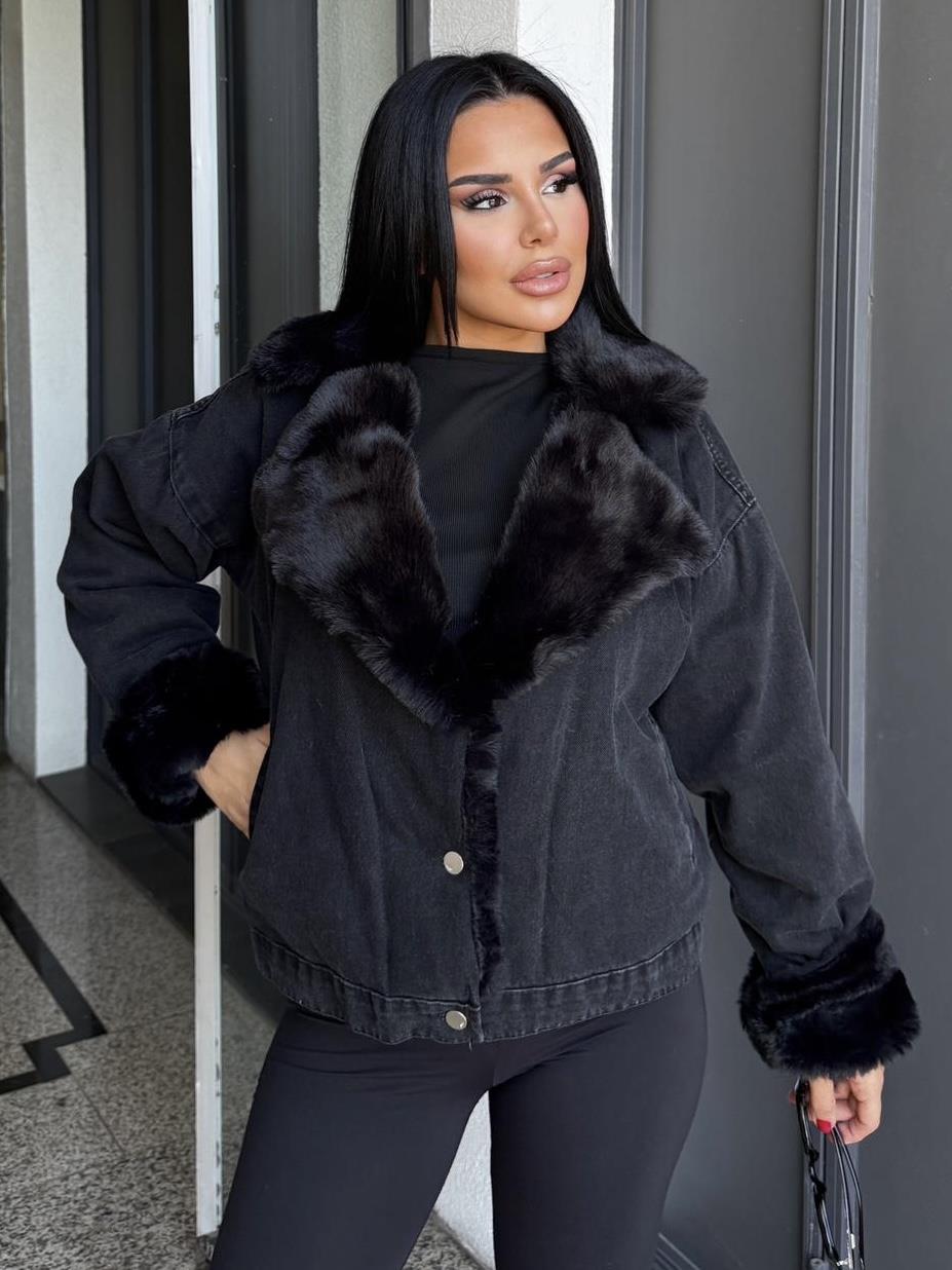 Yonie Kürk Detaylı Denim Ceket Siyah-Siyah