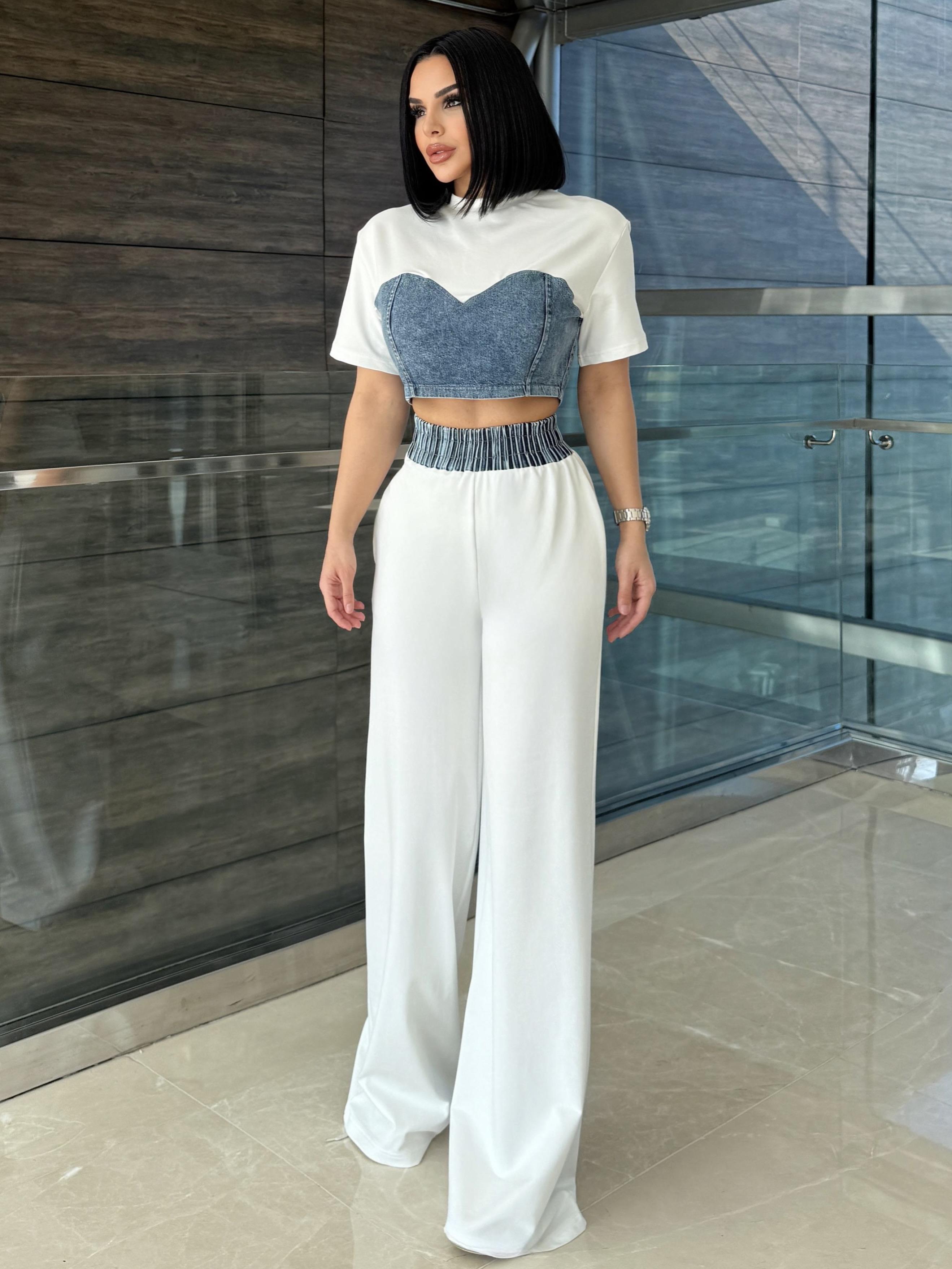 Zeynis Denim Detaylı Spor Takım Beyaz