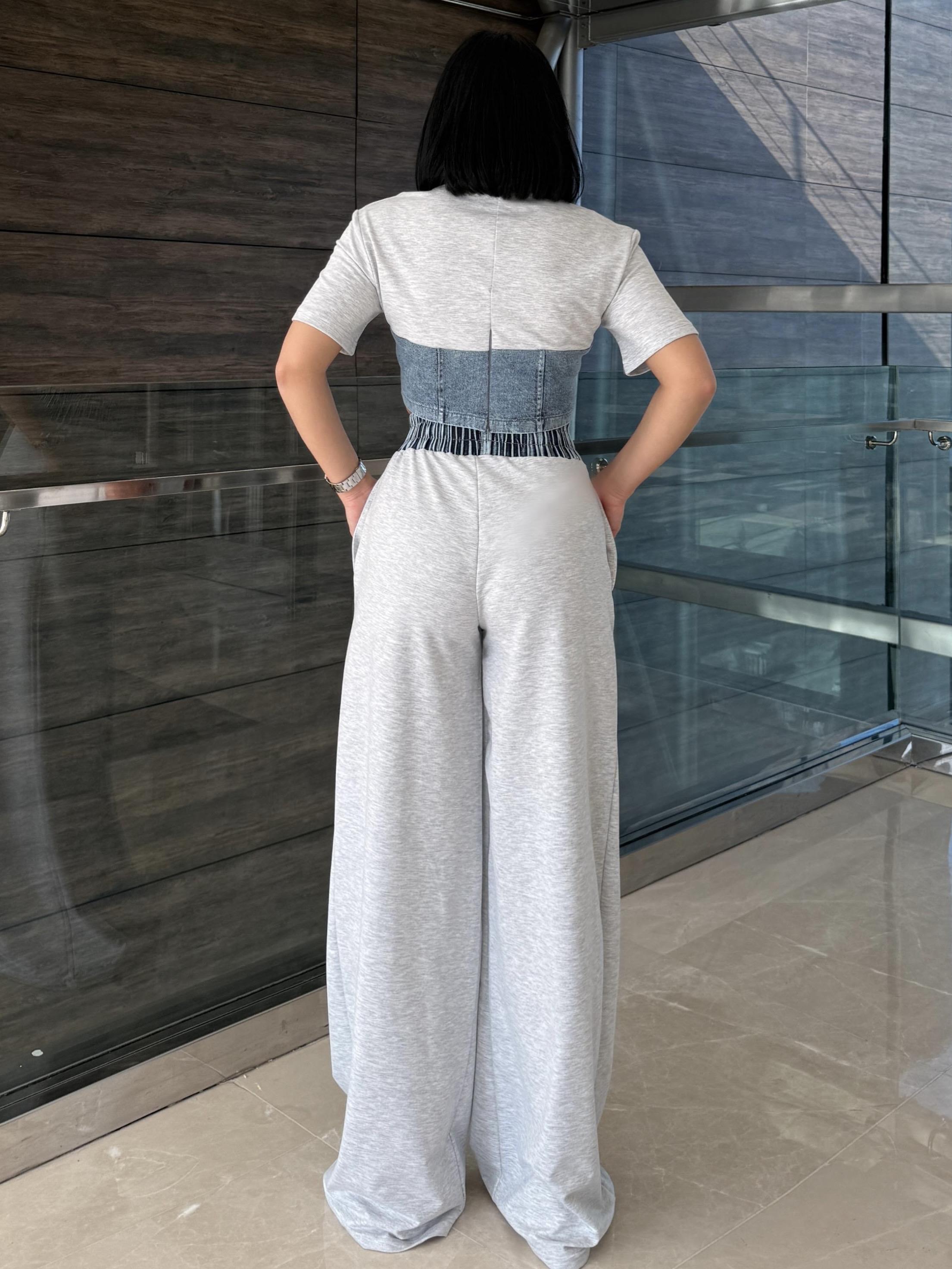 Zeynis Denim Detaylı Spor Takım Gri