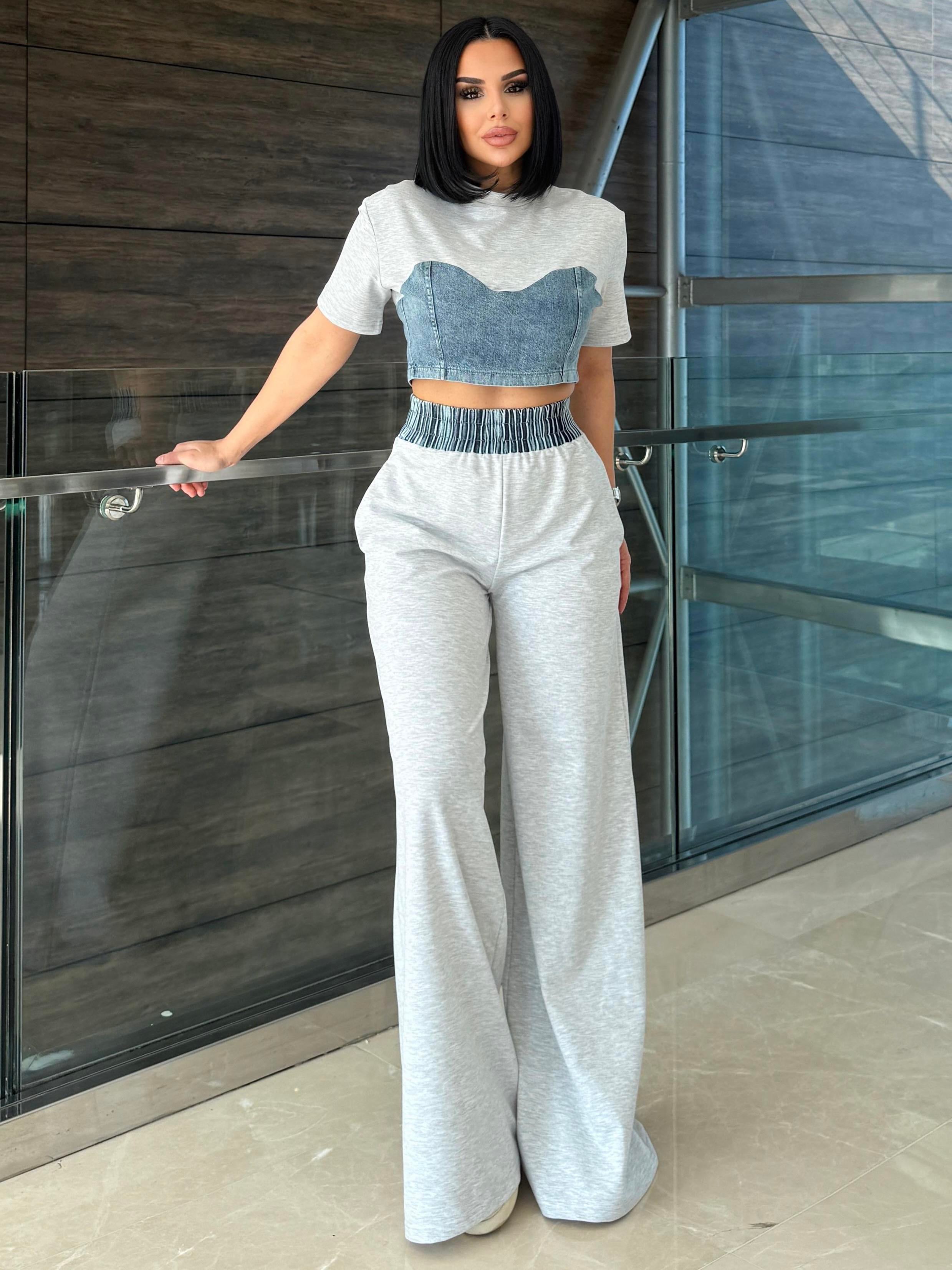 Zeynis Denim Detaylı Spor Takım Gri