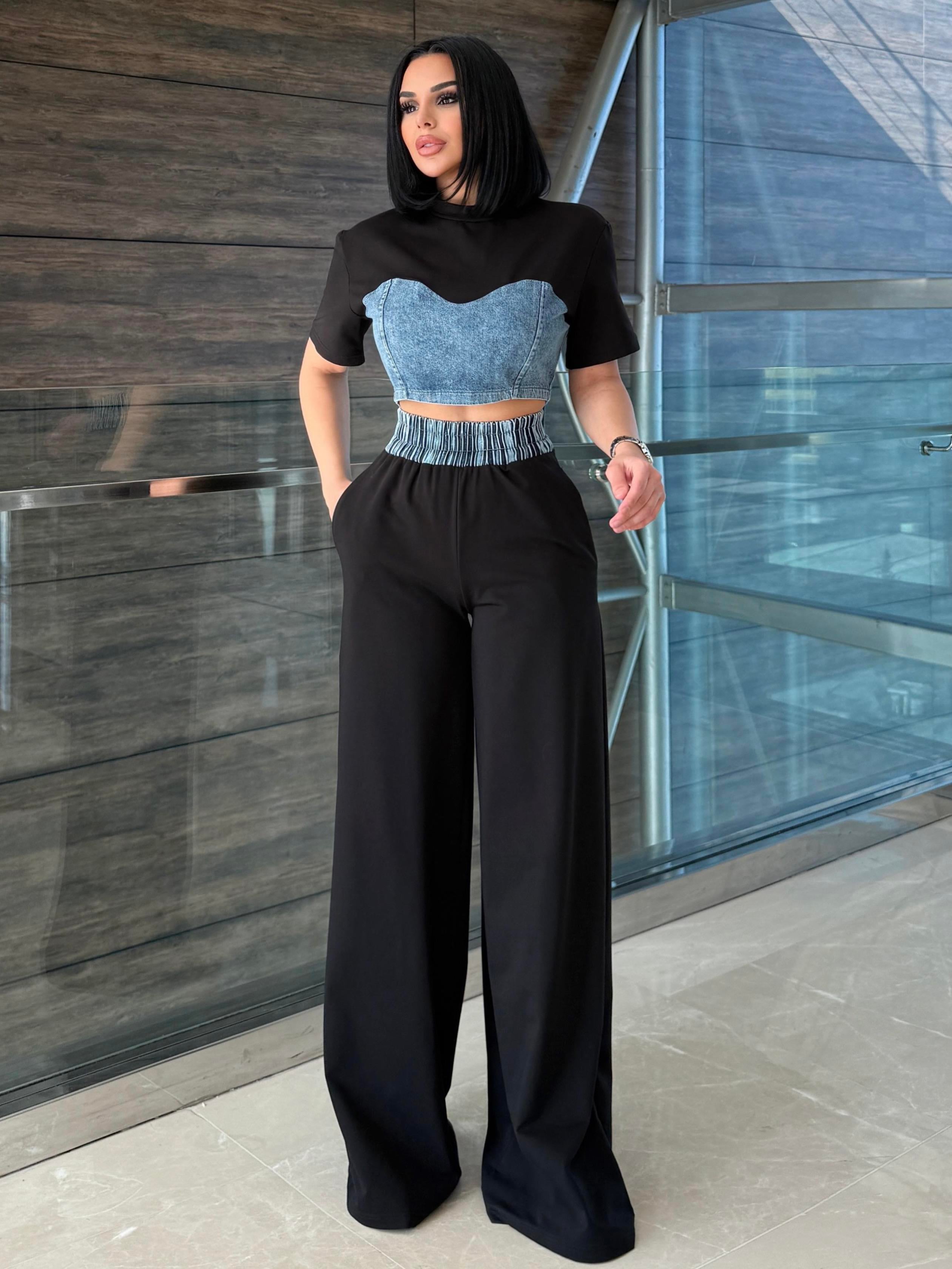 Zeynis Denim Detaylı Spor Takım Siyah