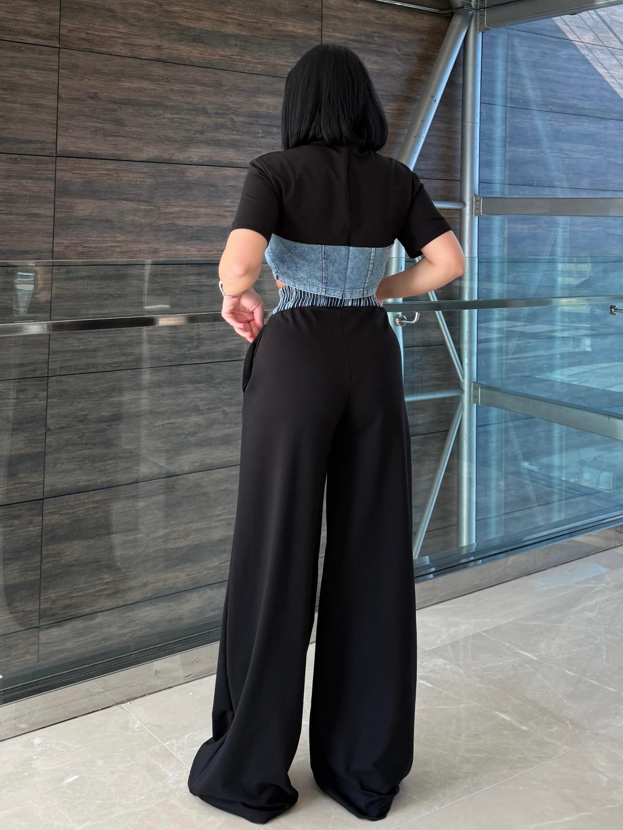 Zeynis Denim Detaylı Spor Takım Siyah