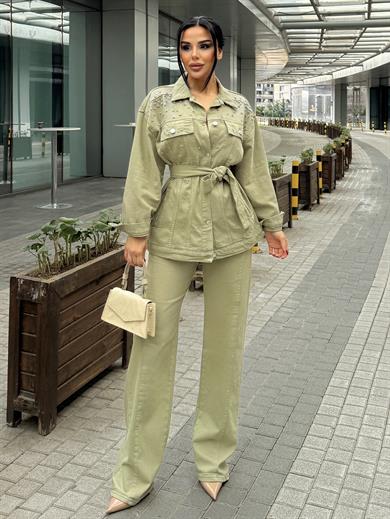  Avian Taş İşleme Detaylı Denim Takım Haki