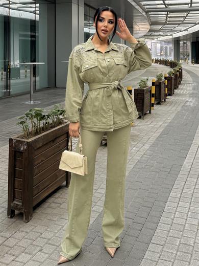  Avian Taş İşleme Detaylı Denim Takım Haki