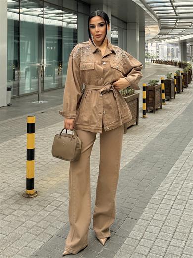 Avian Taş İşleme Detaylı Denim Takım Kahve
