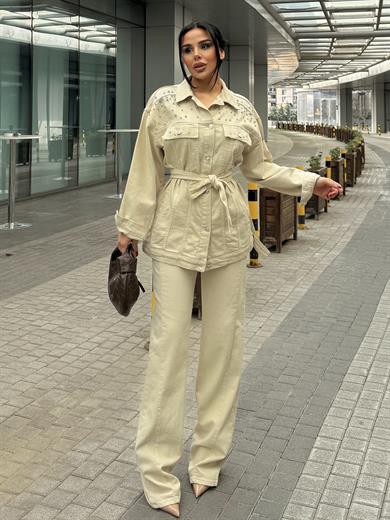  Avian Taş İşleme Detaylı Denim Takım Bej