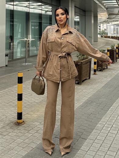  Avian Taş İşleme Detaylı Denim Takım Kahve