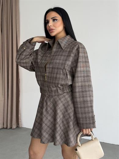 Arlans Ekose Detaylı Etekli Takım Kahve