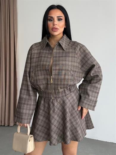 Arlans Ekose Detaylı Etekli Takım Kahve