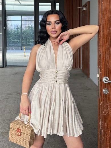 Arya Gold Düğme Detaylı Elbise Bej
