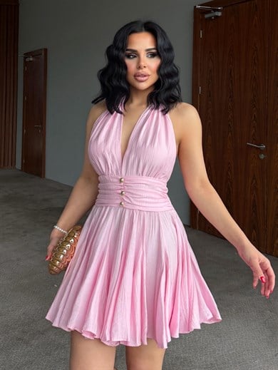 Arya Gold Düğme Detaylı Elbise Pembe