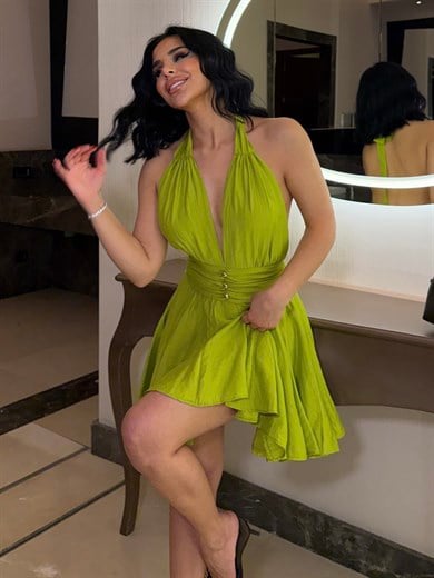 Arya Gold Düğme Detaylı Elbise Yağ Yeşili