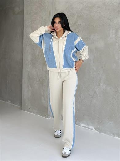 Aspova Denim Detaylı Spor Takım Bej