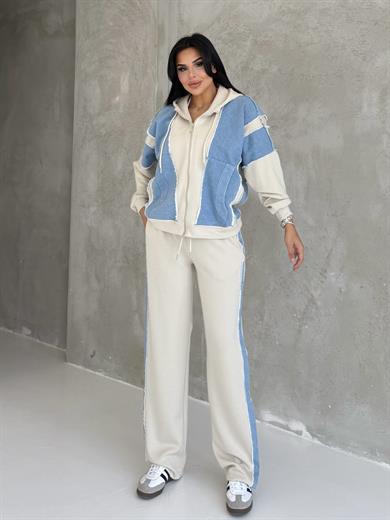 Aspova Denim Detaylı Spor Takım Bej